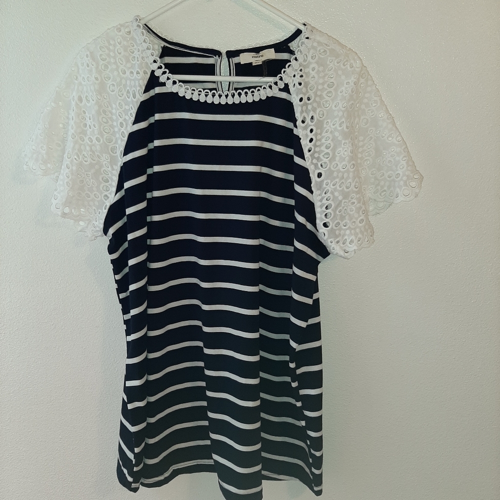 Entro Navy and White Striped Lace Sleeve Top B#1